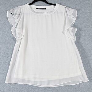 Zara Woman White Chiffon Ruffle Sleeve Blouse XS
